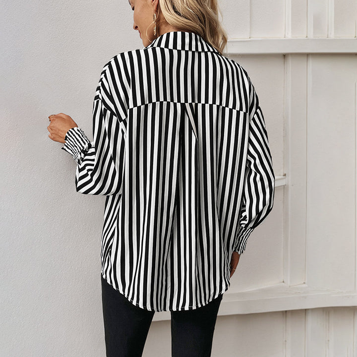 Women Oversized Shirt Blouse with Vertical Stripes, Classic Collar and Gathered Cuffs Mune Fashion