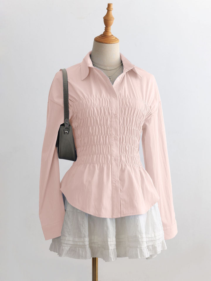 Women's tailored shirt blouse with gathered bust area and peplum Mune Fashion