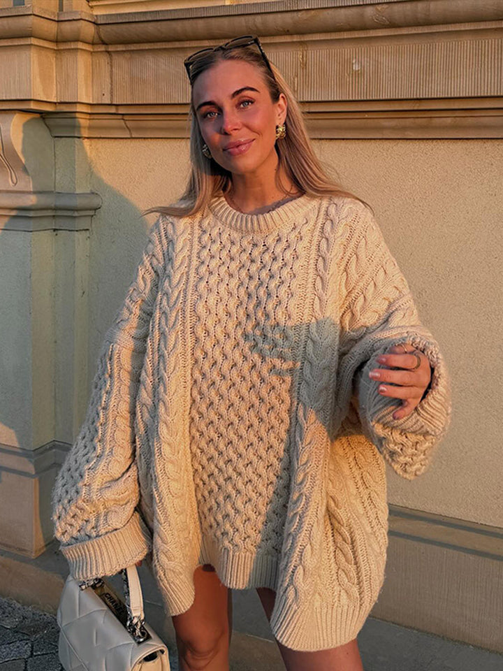Women's Oversized Chunky Knit Sweater with Cable Knit Pattern and Wide Balloon Sleeves Mune Fashion