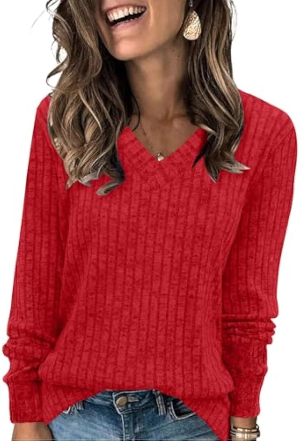 Women's ribbed V-neck fine-knit pullover with longer sleeves Drune