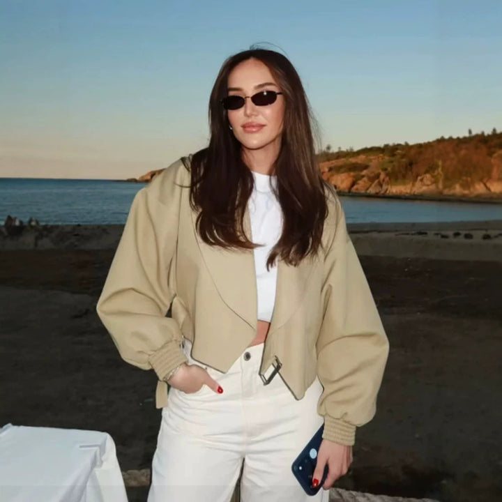 Women’s Short Blouson with Boxy Cropped Silhouette, Balloon Sleeves and Buckle Detail Mune Fashion