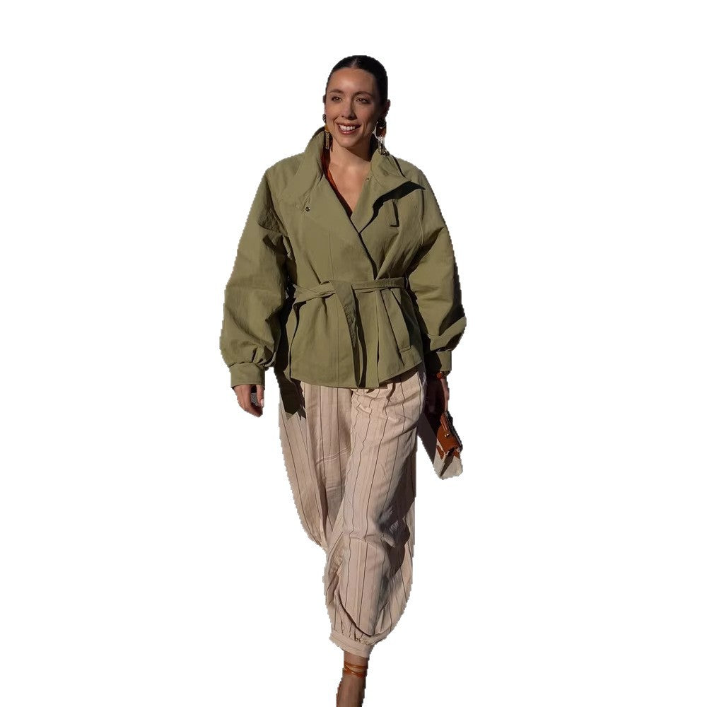 Women's Tailored Short Parka with Stand-up Collar, Balloon Sleeves and Ties Belt Mune Fashion