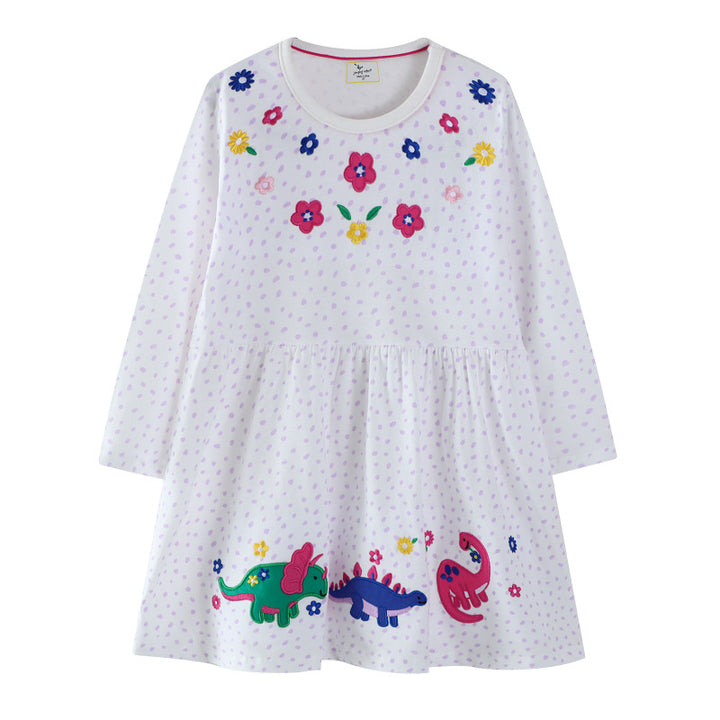 Girls cotton dress with colorful dinosaur and flower motif Mune Fashion