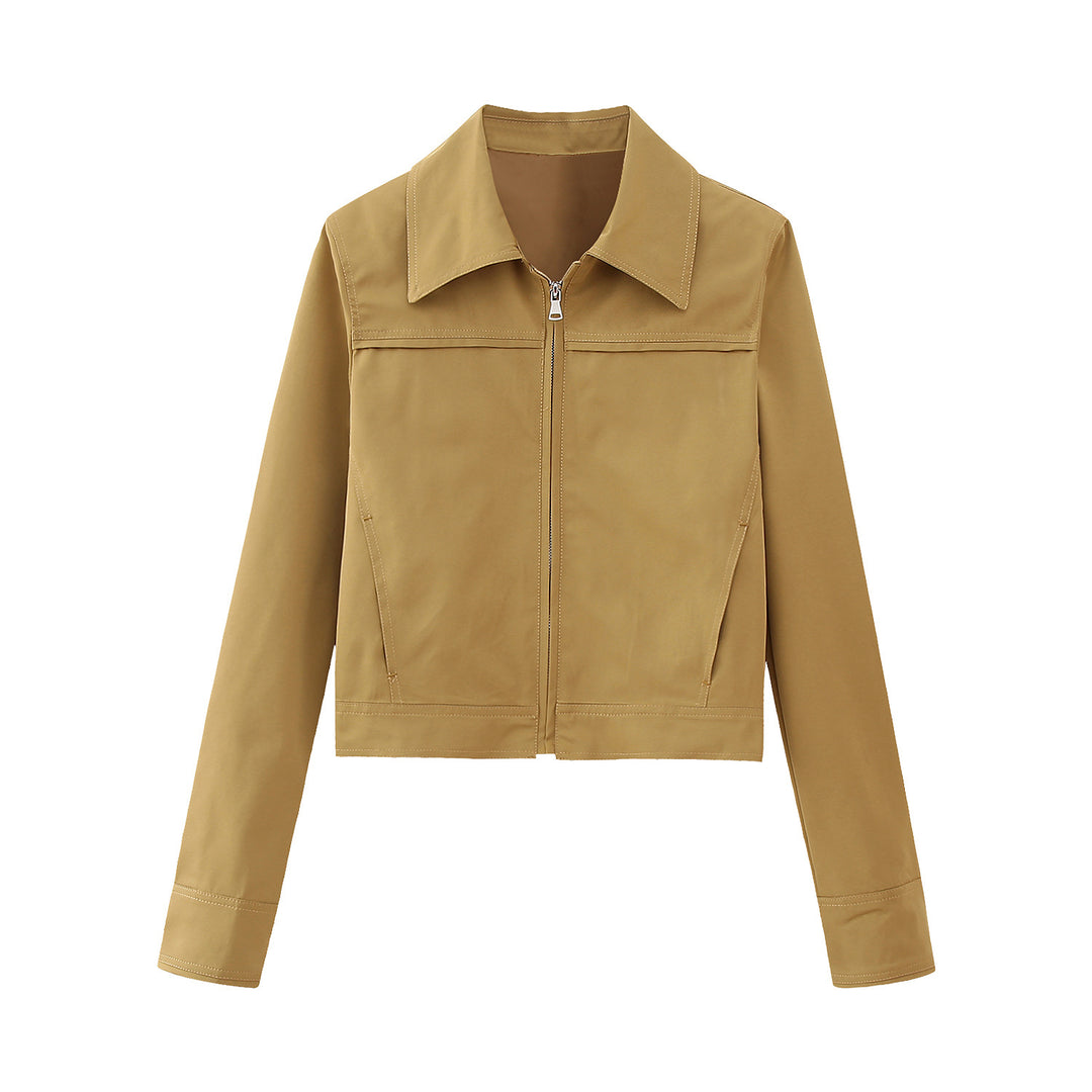 Women's cropped bomber jacket with wide shirt collar and concealed zipper Mune Fashion