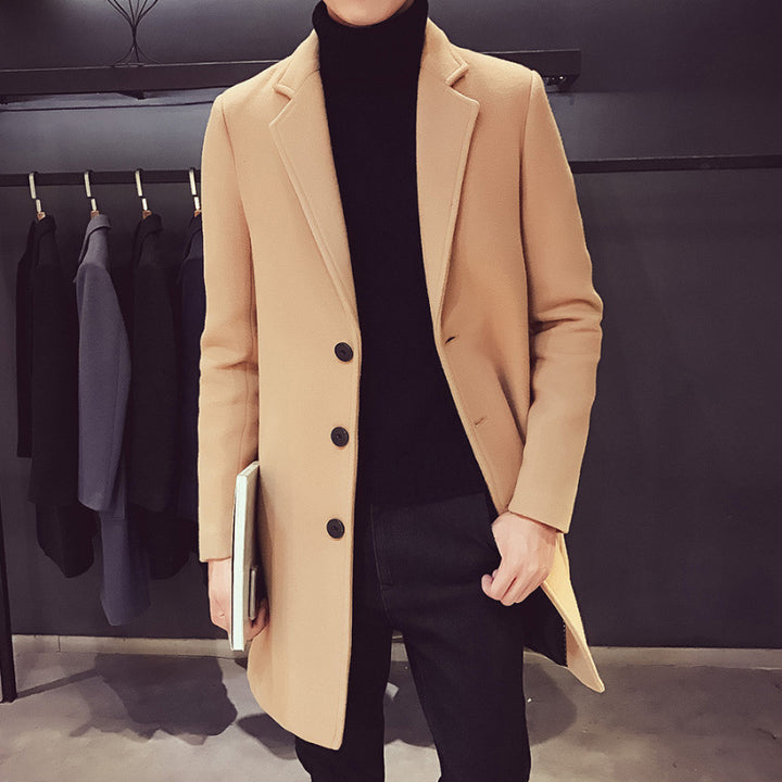 Men's elegant single-breasted coat made of wool blend with narrow lapels and warming lining Mune Fashion
