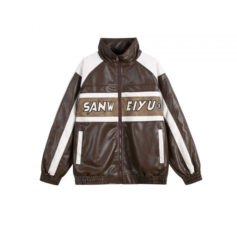Unisex Retro-inspired Faux Leather Bomber Jacket with Stand-up Collar, Contrast Stripes and Letter Patch Mune Fashion
