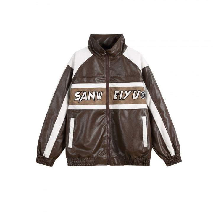 Unisex Retro-inspired Faux Leather Bomber Jacket with Stand-up Collar, Contrast Stripes and Letter Patch Mune Fashion
