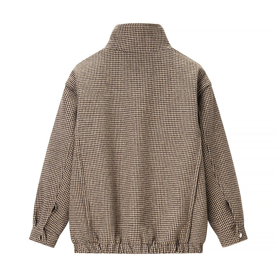 Women's Short Oversized Transitional Jacket in Houndstooth Pattern with Stand-Up Collar and Elastic Hem Mune Fashion