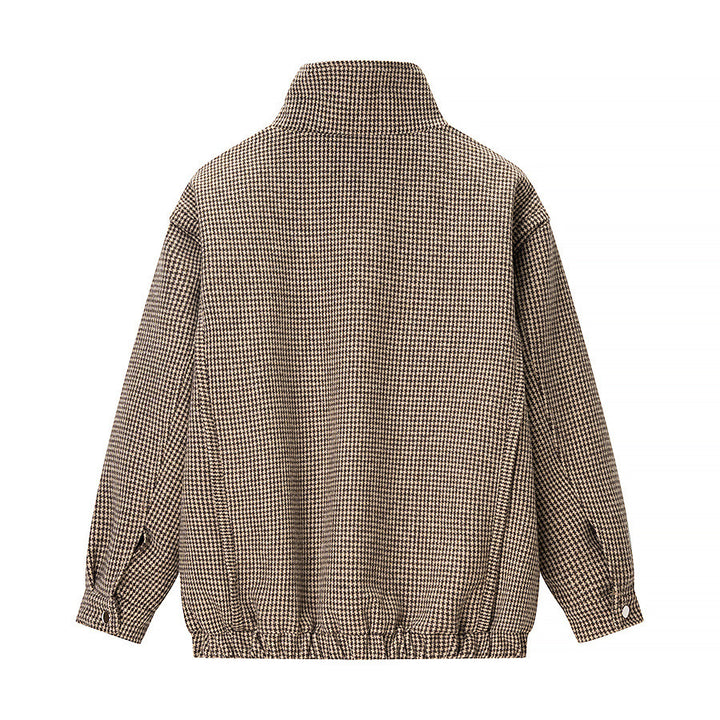Women's Short Oversized Transitional Jacket in Houndstooth Pattern with Stand-Up Collar and Elastic Hem Mune Fashion