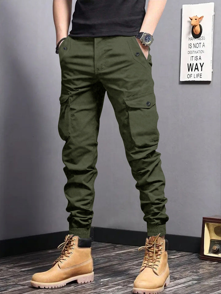 Men's cargo jogger pants with elastic waistband, drawstring, and multifunctional pockets.
