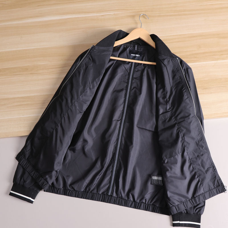 Men's Lightweight Windbreaker Bomber Jacket with Striped Ribbed Cuffs and Lining Mune Fashion