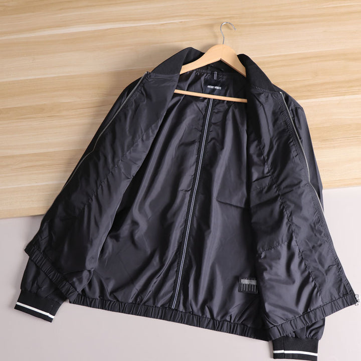 Men's Lightweight Windbreaker Bomber Jacket with Striped Ribbed Cuffs and Lining Mune Fashion