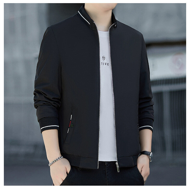 Men's Minimalistic Softshell Bomber Jacket with Stand Collar and Contrast Stripe Cuffs Mune Fashion