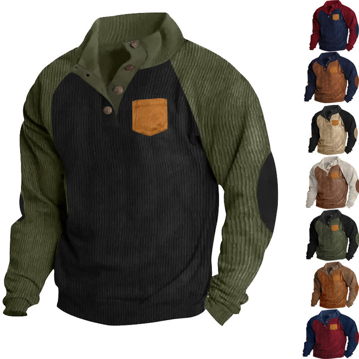 Men's ribbed waffle henley long sleeve shirt with stand-up collar snap button placket contrasting sleeves and chest pocket Mune Fashion