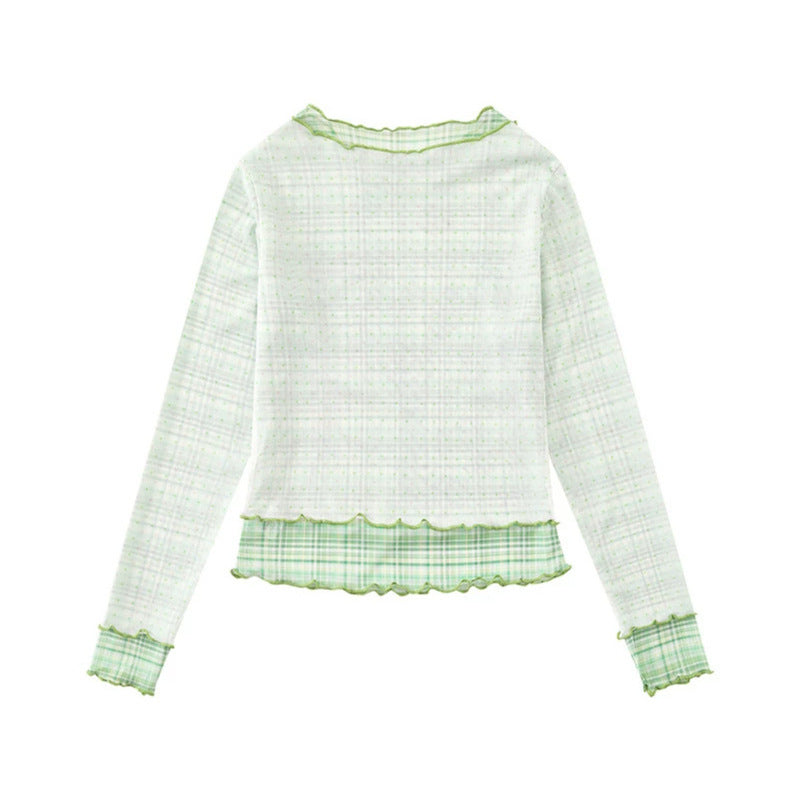 Women's Transparent Mesh Long Sleeve Shirt with Manga Print, Ruffle Hem and Check Cuffs Mune Fashion