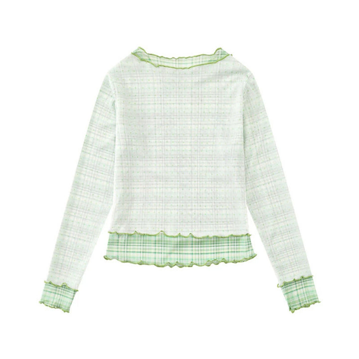 Women's Transparent Mesh Long Sleeve Shirt with Manga Print, Ruffle Hem and Check Cuffs Mune Fashion