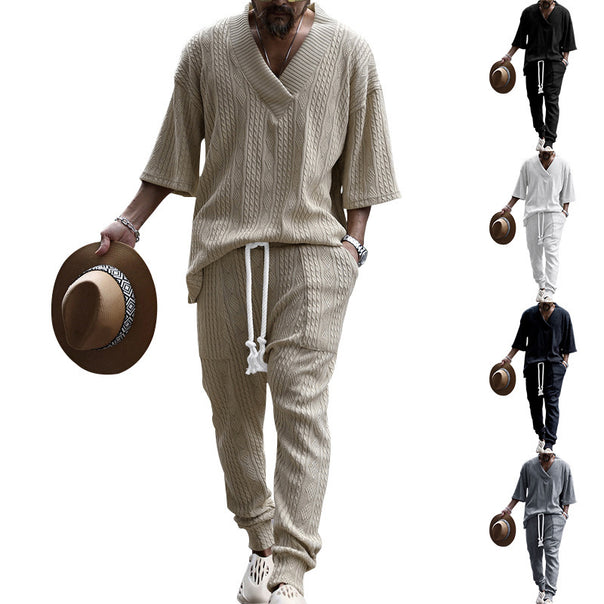 Men's casual knit set with V-neck and drawstring jogger pants Mune Fashion