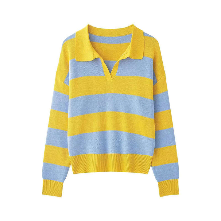 Women striped rugby knit sweater with polo collar and loose oversized fit Mune Fashion