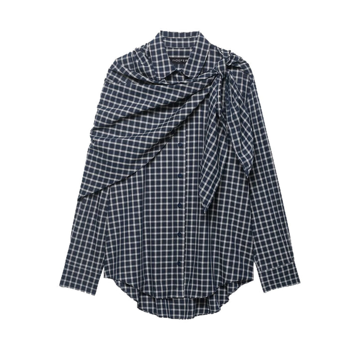 Women Oversize Shirt Blouse with Integrated Shoulder Scarf and Vichy Check Mune Fashion