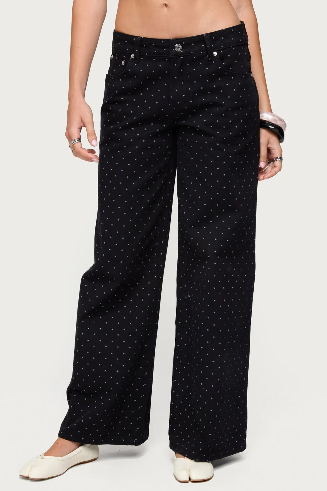 Women's high-waisted wide denim pants with continuous dot pattern and classic pocket design Mune Fashion