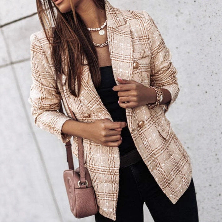 Women Boucle Tweed Blazer with Check Pattern and Double-Breasted Button Placket Drune