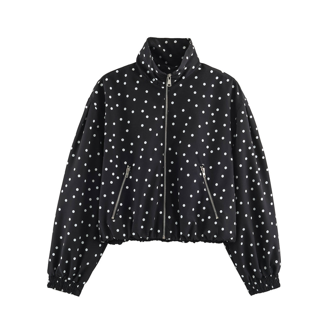 Women Cropped Dotted Bomber Jacket with High Stand Collar, Zipper Pockets, and Elastic Hem Mune Fashion