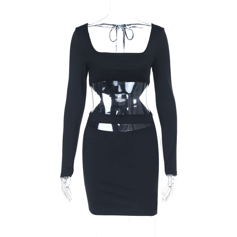 Damen Figurbetontes Cut-Out Minikleid mit quadratischem Ausschnitt und langen Ärmeln Mune Fashion
