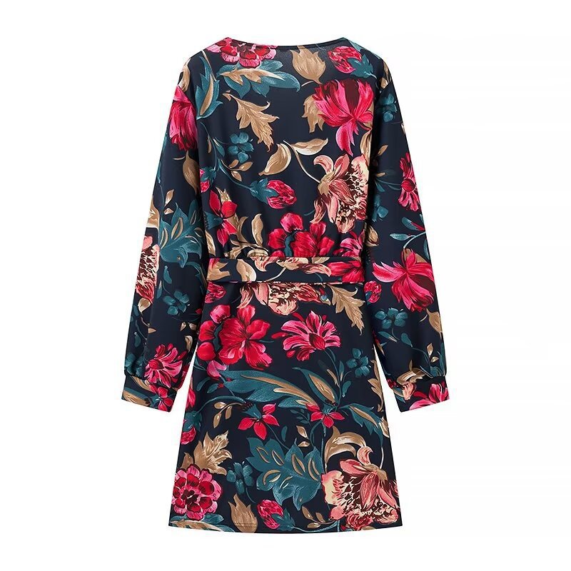 Women’s Wrap Mini Dress with Allover Floral Print, V-Neck and Waistband Mune Fashion
