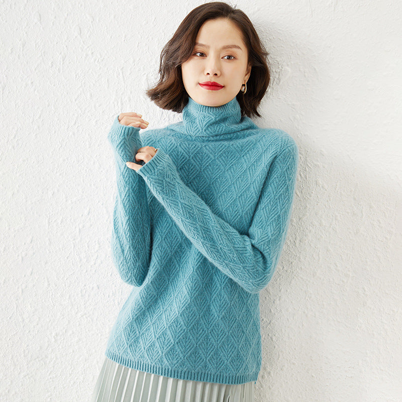 Ladies Luxurious Mohair-Mix Turtleneck Sweater with Diamond Pattern Mune Fashion Openwork Structure Mune Fashion
