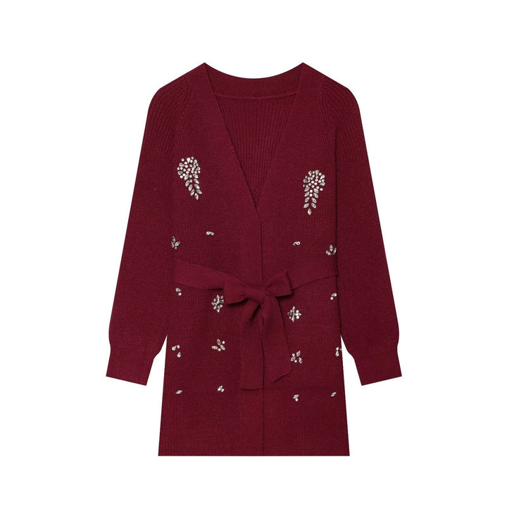 Women's long cardigan with tie belt and gemstone appliqué Mune Fashion