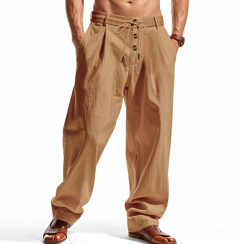 Men's casual linen relaxed pants with drawstring waistband, knife pleats and straight leg Mune Fashion