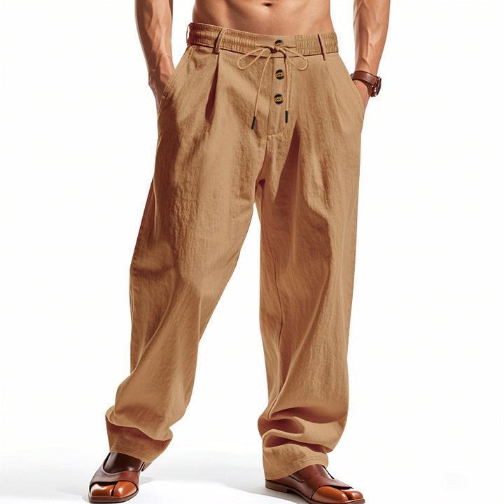 Men's casual linen relaxed pants with drawstring waistband, knife pleats and straight leg Mune Fashion
