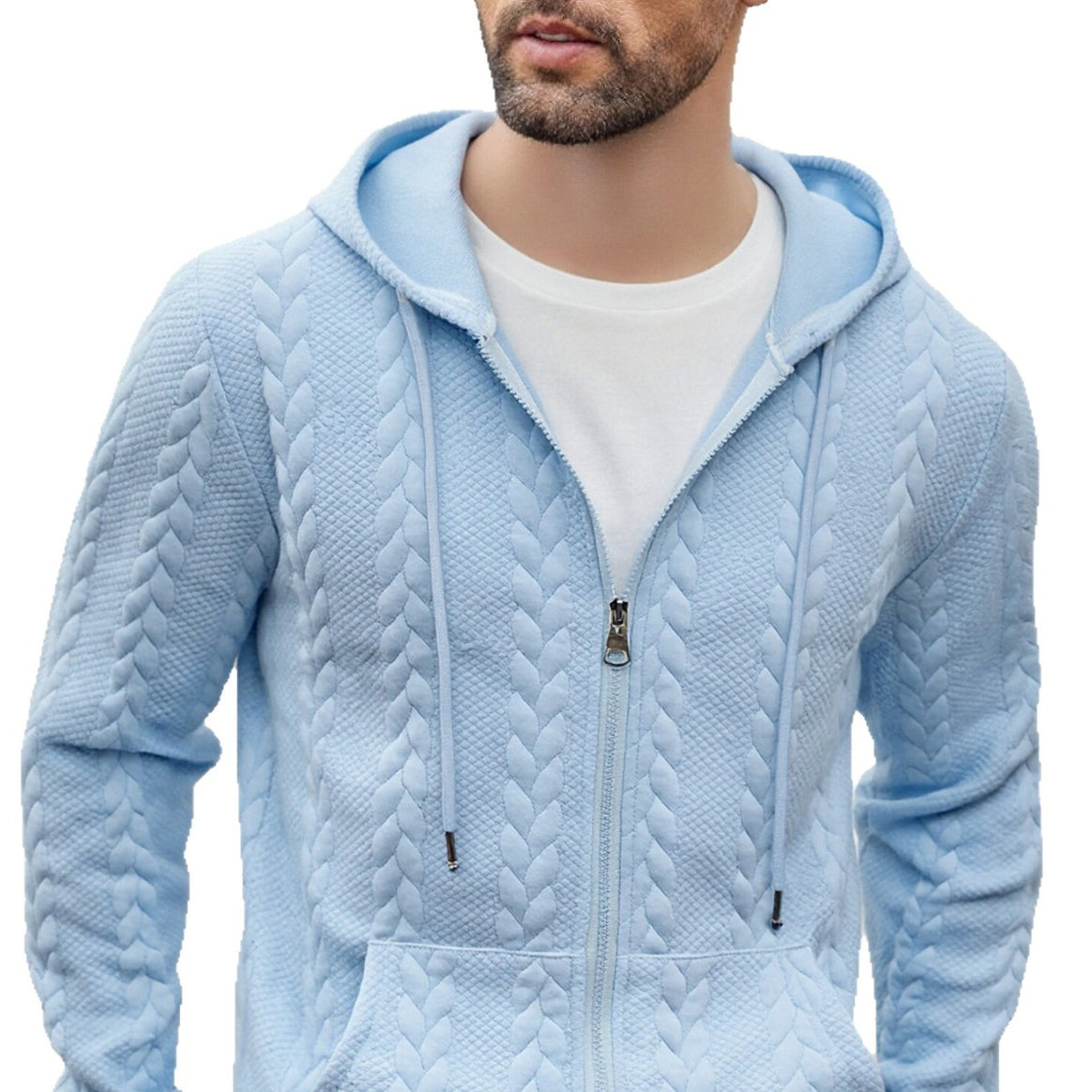 Men's knitted hooded sweat jacket with cable pattern, full zip and kangaroo pocket Mune Fashion