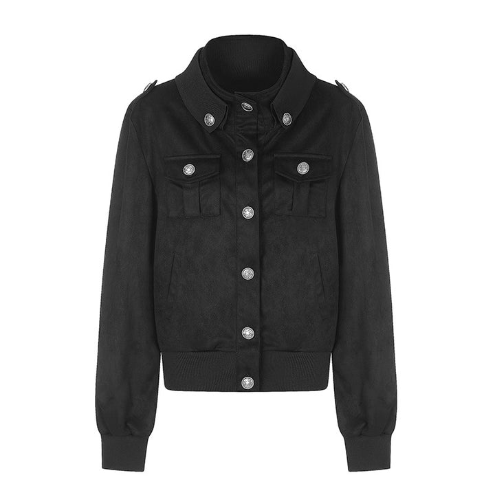 Women's Short Cut Velvet Velours Bomber Jacket with Decorative Buttons and Epaulets Mune Fashion
