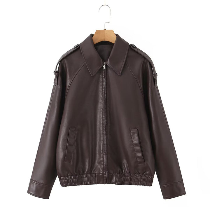 Women's Oversized Faux Leather Flight Jacket with Bonded Collar, Shoulder Epaulettes, and Elastic Hem Mune Fashion