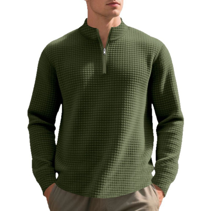 Men's Quilted Quarter-Zip Pullover with Check Pattern and Stand Collar Mune Fashion