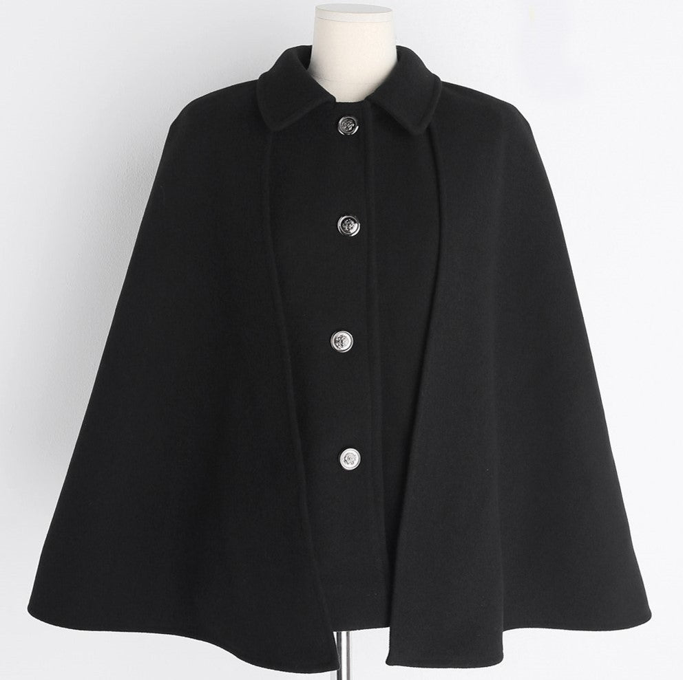 Women's Short Wool Blend Cape Coat with Shirt Collar and Patch Pockets Mune Fashion