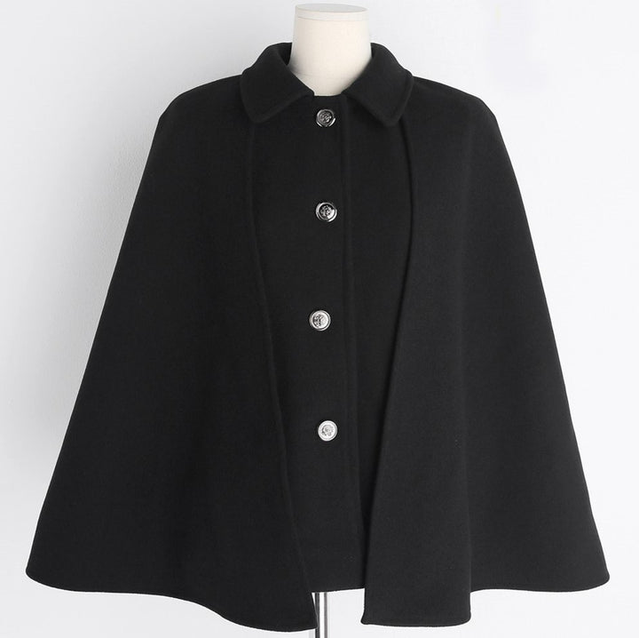 Women's Short Wool Blend Cape Coat with Shirt Collar and Patch Pockets Mune Fashion