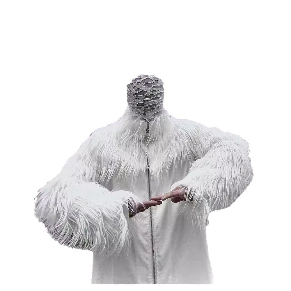 Men's Statement Faux Fur Jacket with Long Shaggy Sleeves and Asymmetrical Zipper Mune Fashion