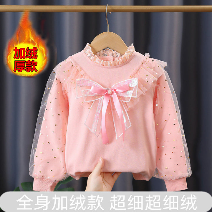 Girls' fashionable sweatshirt with decorative tulle sleeves and bow details Mune Fashion