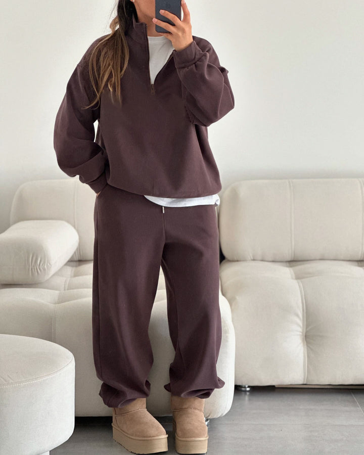 Women nan Oversize Half-zip Pullover with Stand-up Collar and Wide Lounge Pants Set Mune Fashion