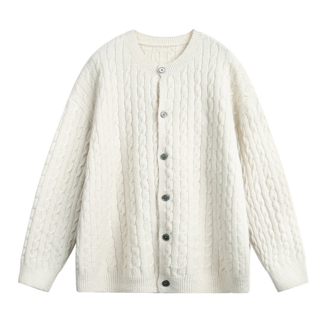 Women Oversize Cable Knit Cardigan with Round Neck, Textured Knit Surface and Pearl Buttons Mune Fashion