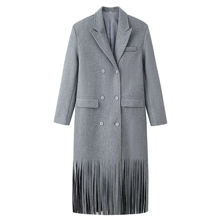 Women's Double-Breasted Wool Blend Coat with Fringe Hem and Draped Lapel Mune Fashion