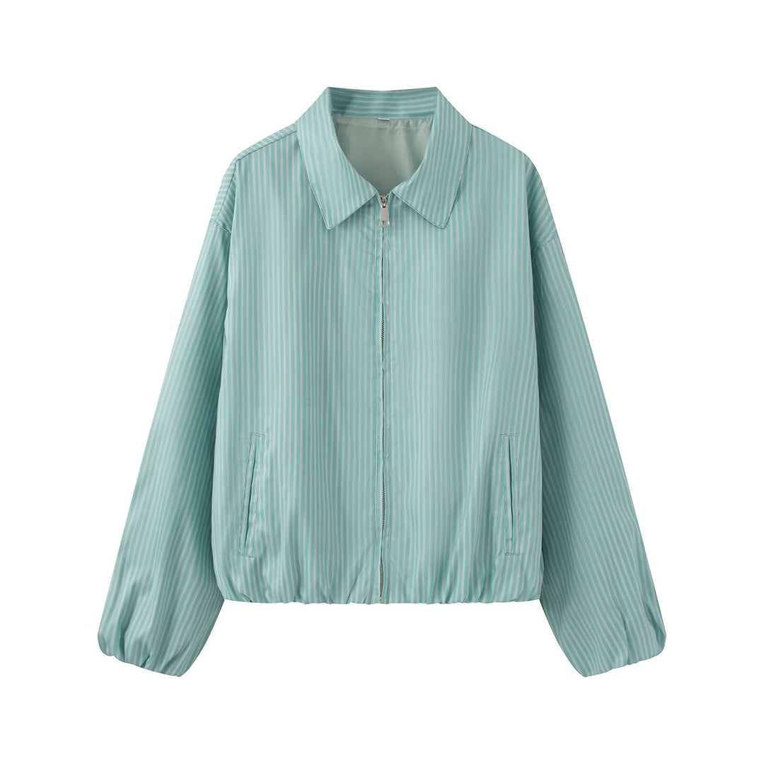 Women's Lightweight Striped Blouson Jacket with Zipper, Shirt Collar and Elastic Hem Mune Fashion