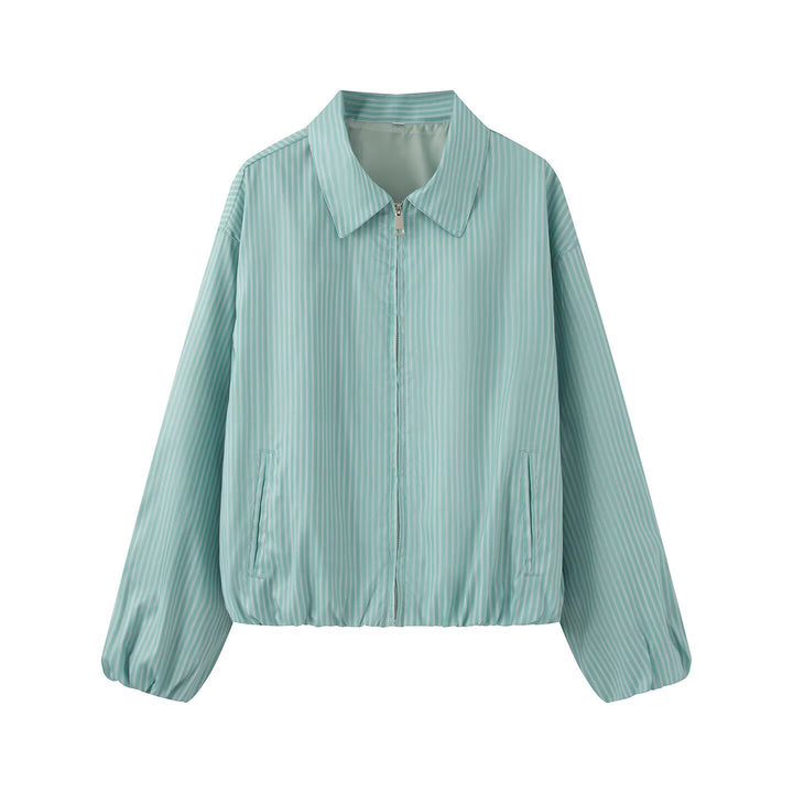 Women's Lightweight Striped Blouson Jacket with Zipper, Shirt Collar and Elastic Hem Mune Fashion