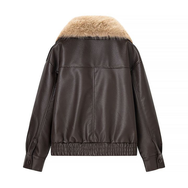 Women's bomber jacket made of leather look with voluminous fur collar Mune Fashion