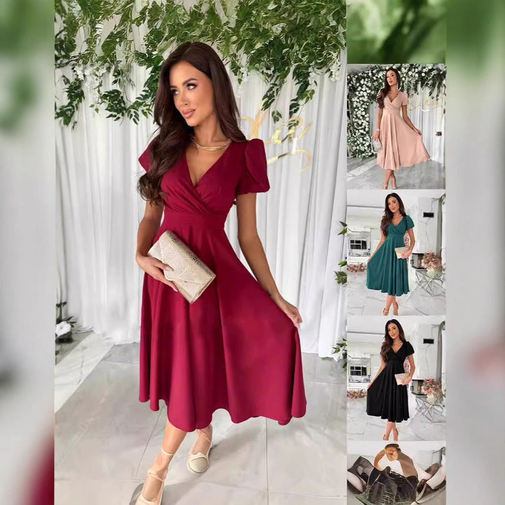 Women's elegant midi dress with wrap look and flared skirt Mune Fashion