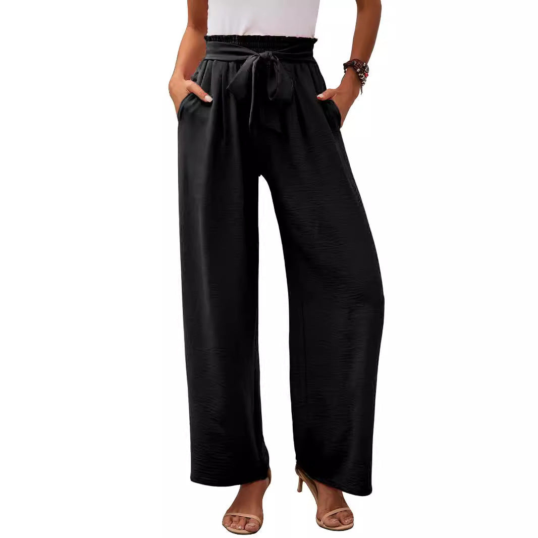 Women's paperbag pants with wide leg, elastic waist and tie belt Mune Fashion
