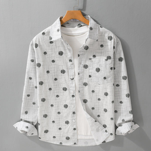 Men's lightweight long sleeve overshirt in shirt jacket style with fine check pattern and floral all-over Mune Fashion