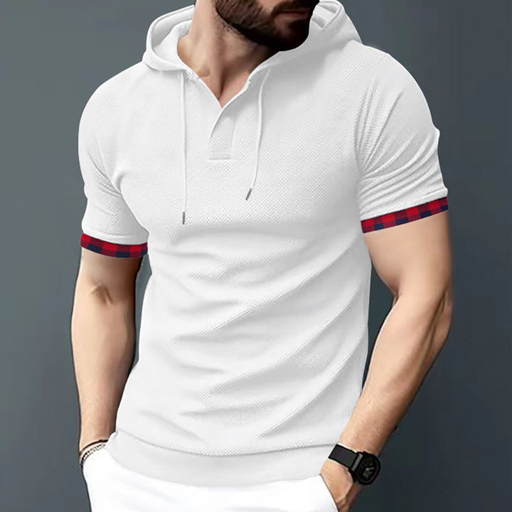 Men's fitted short sleeve hooded polo shirt with Henley placket and drawstring Mune Fashion